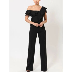 VALENTINE Black Jumpsuit Off Shoulder Ruffle Lace Trim Wide Leg Size M
